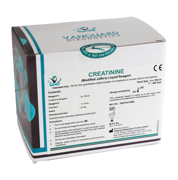 “Vanguard Creatinine Reagents – 2×100 mL liquid-stable pack for serum creatinine measurement using the kinetic Jaffé method”