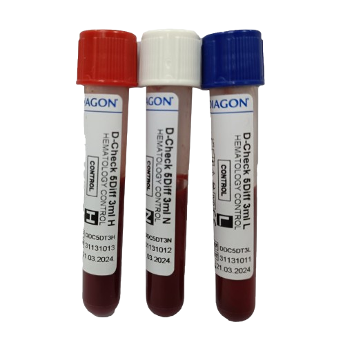 D-Check 5Diff – Hematology Control for 5-Part Analysers, tri-level, 3×3.0 mL vials, 75-day shelf life
