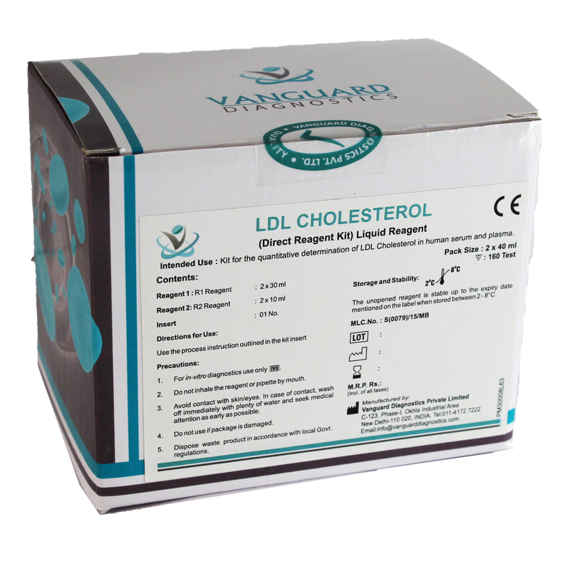 LDL Cholesterol Reagent Kit for direct colourimetric measurement in serum at 578 nm using endpoint enzymatic assay.